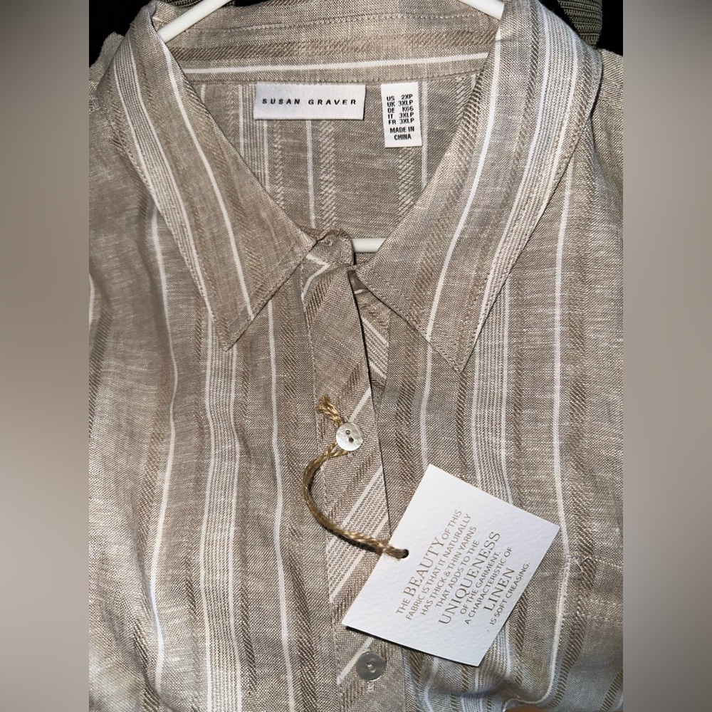 NWT Susan Graver Tan Casual linen Button Down